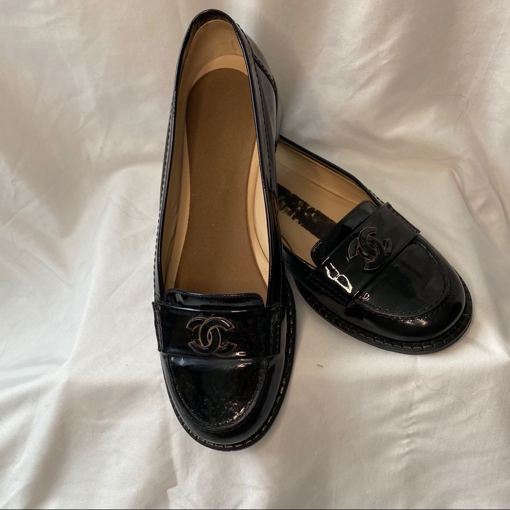 Chanel black patent leather loafers